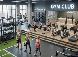 Sala klubu fitness i siłowni ze strefami treningowymi